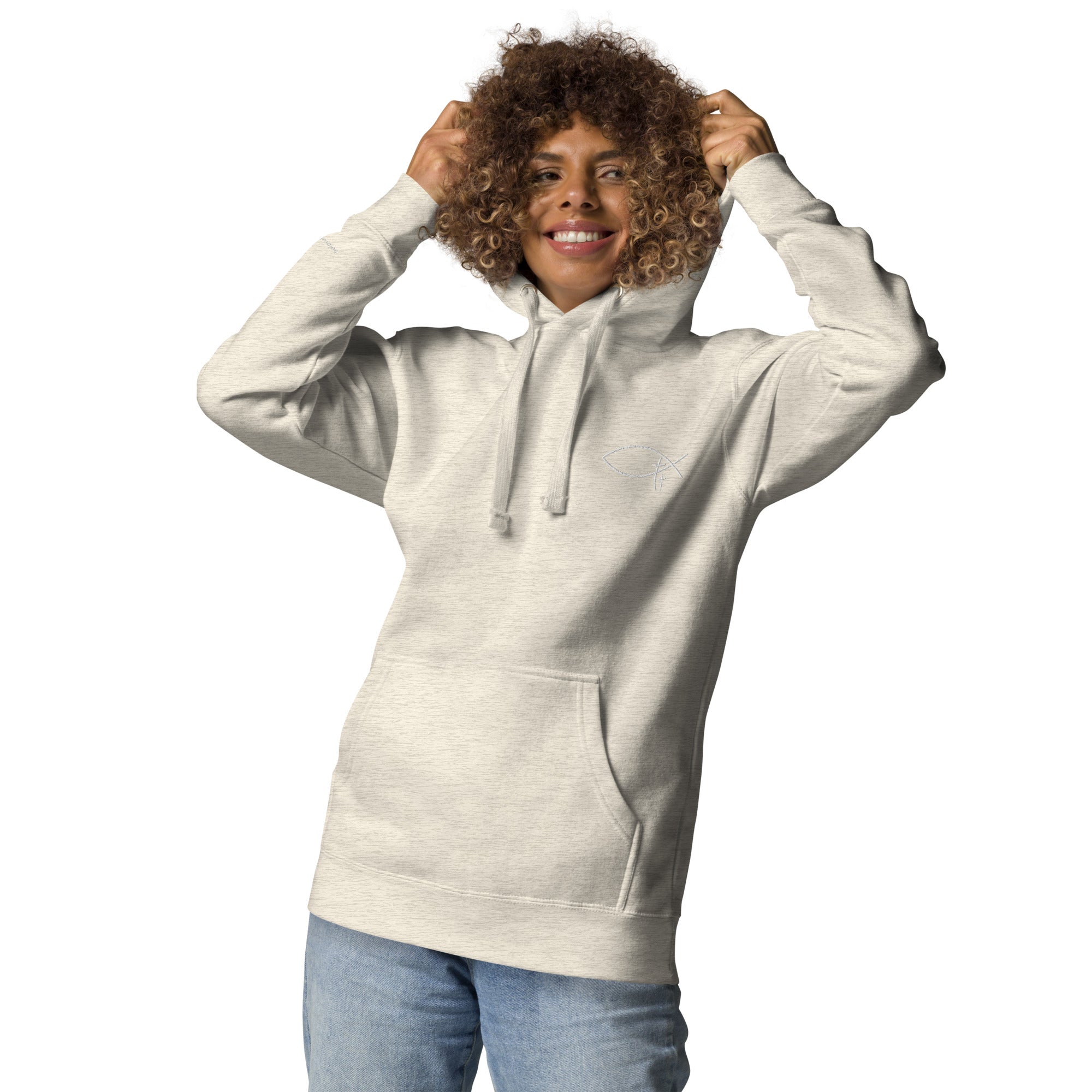 Christlicher Damen Hoodie mit minimalistischem Stick Logo. Weicher Faith Hoodie aus Baumwolle mit Kapuze und Tasche – inspiriert von Identität in Christus.