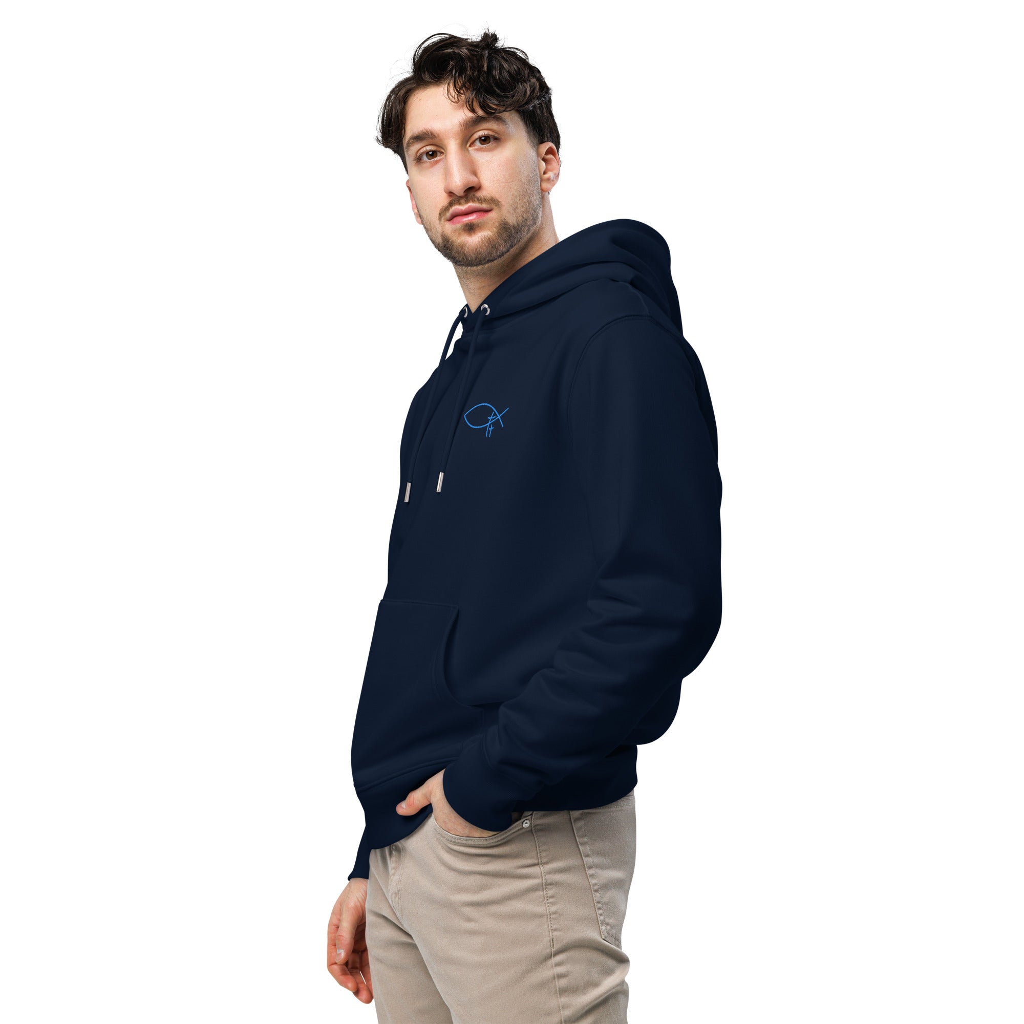 Christlicher Herren Hoodie aus schwerer Baumwolle mit gesticktem Symbol. Zeitloser Faith Hoodie – warm, hochwertig - Identität in Christus.