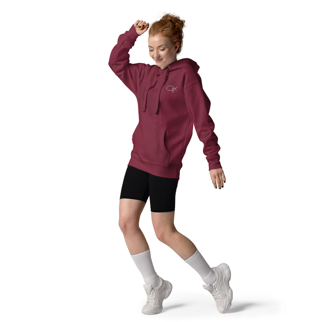 Christlicher Damen Hoodie mit minimalistischem Stick Logo. Weicher Faith Hoodie aus Baumwolle mit Kapuze und Tasche – inspiriert von Identität in Christus.