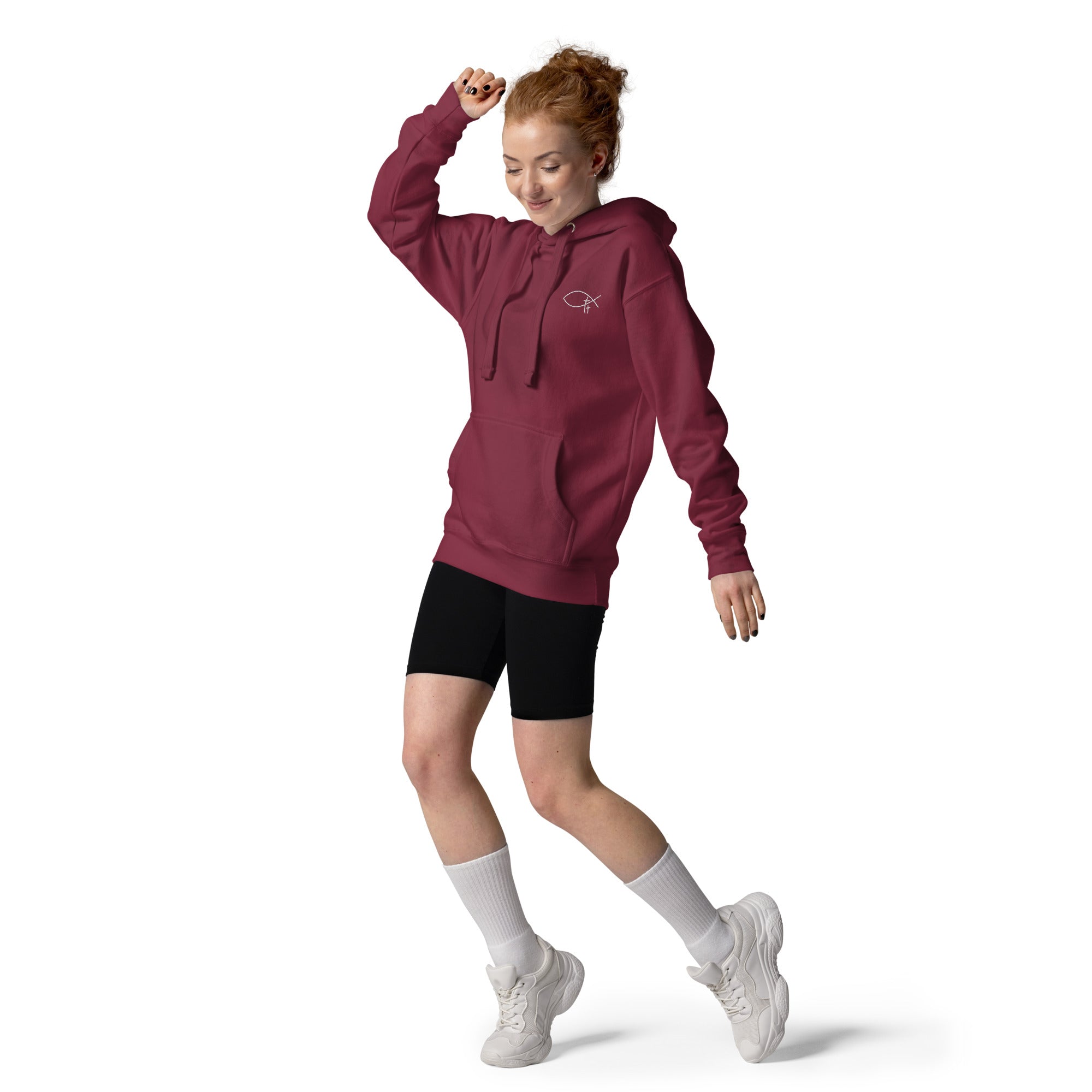 Christlicher Damen Hoodie mit minimalistischem Stick Logo. Weicher Faith Hoodie aus Baumwolle mit Kapuze und Tasche – inspiriert von Identität in Christus.
