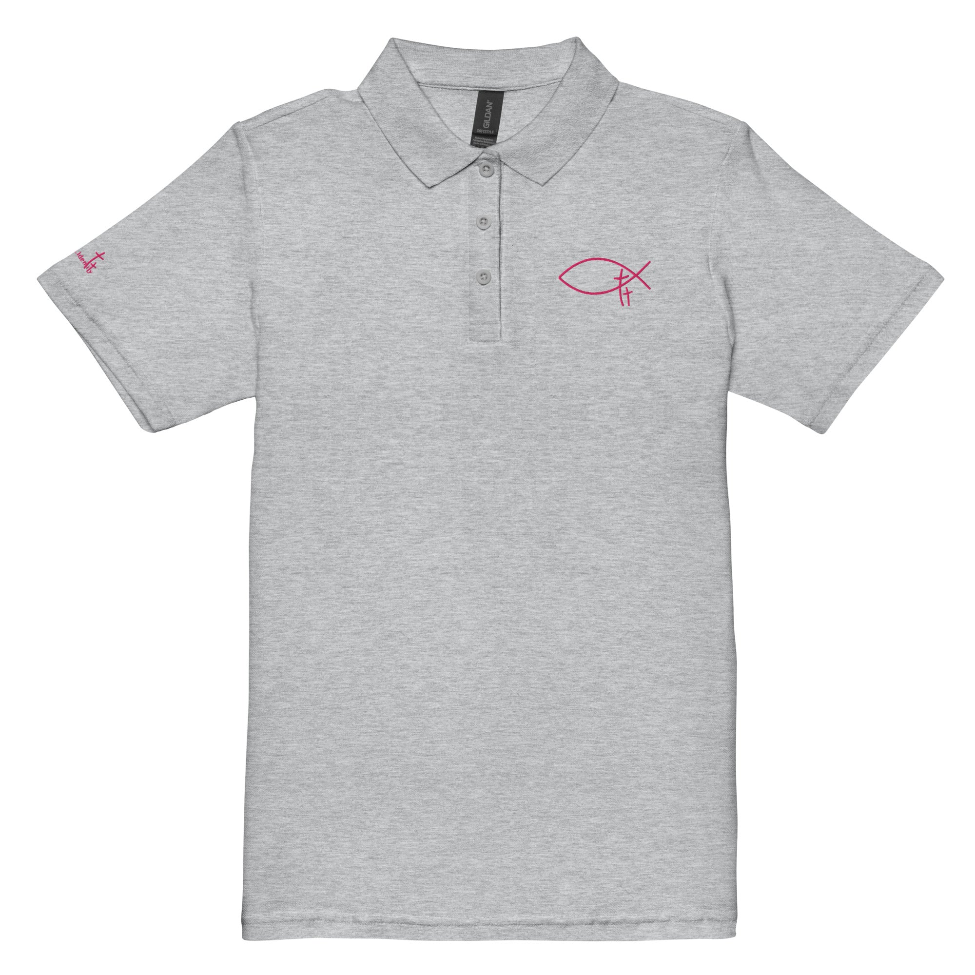 Christliches Damen Poloshirt aus hochwertiger Baumwolle mit gesticktem Symbol. Minimalistisches Faith Polo – elegant, zeitlos , deine Identität in Christus.