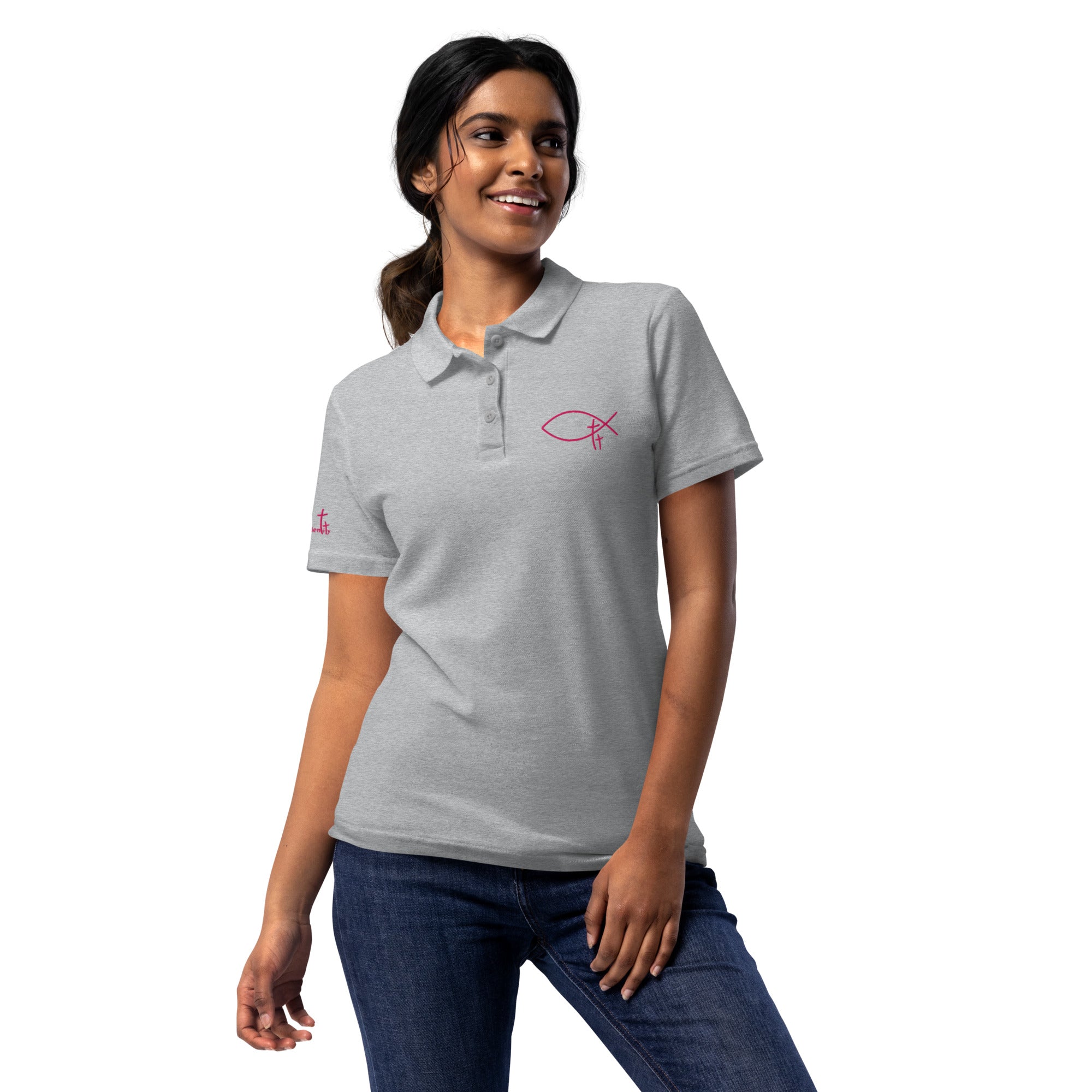 Christliches Damen Poloshirt aus hochwertiger Baumwolle mit gesticktem Symbol. Minimalistisches Faith Polo – elegant, zeitlos , deine Identität in Christus.
