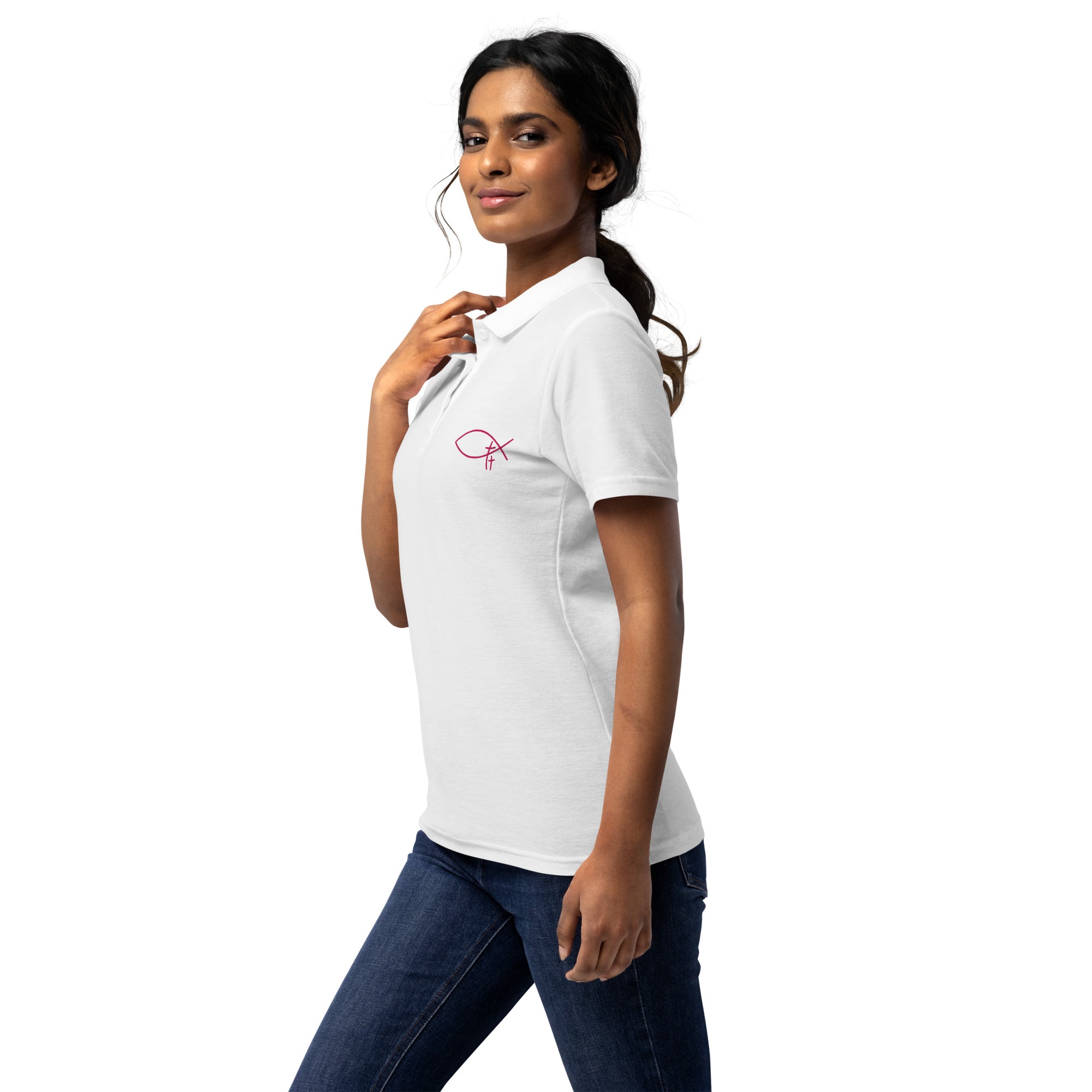 Christliches Damen Poloshirt aus hochwertiger Baumwolle mit gesticktem Symbol. Minimalistisches Faith Polo – elegant, zeitlos , deine Identität in Christus.