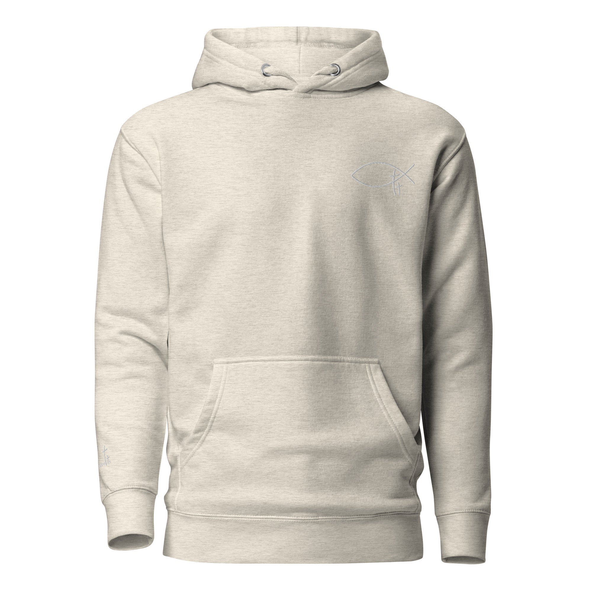 Christlicher Damen Hoodie mit minimalistischem Stick Logo. Weicher Faith Hoodie aus Baumwolle mit Kapuze und Tasche – inspiriert von Identität in Christus.
