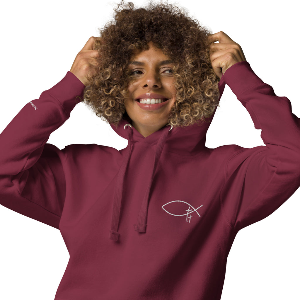 Christlicher Damen Hoodie mit minimalistischem Stick Logo. Weicher Faith Hoodie aus Baumwolle mit Kapuze und Tasche – inspiriert von Identität in Christus.