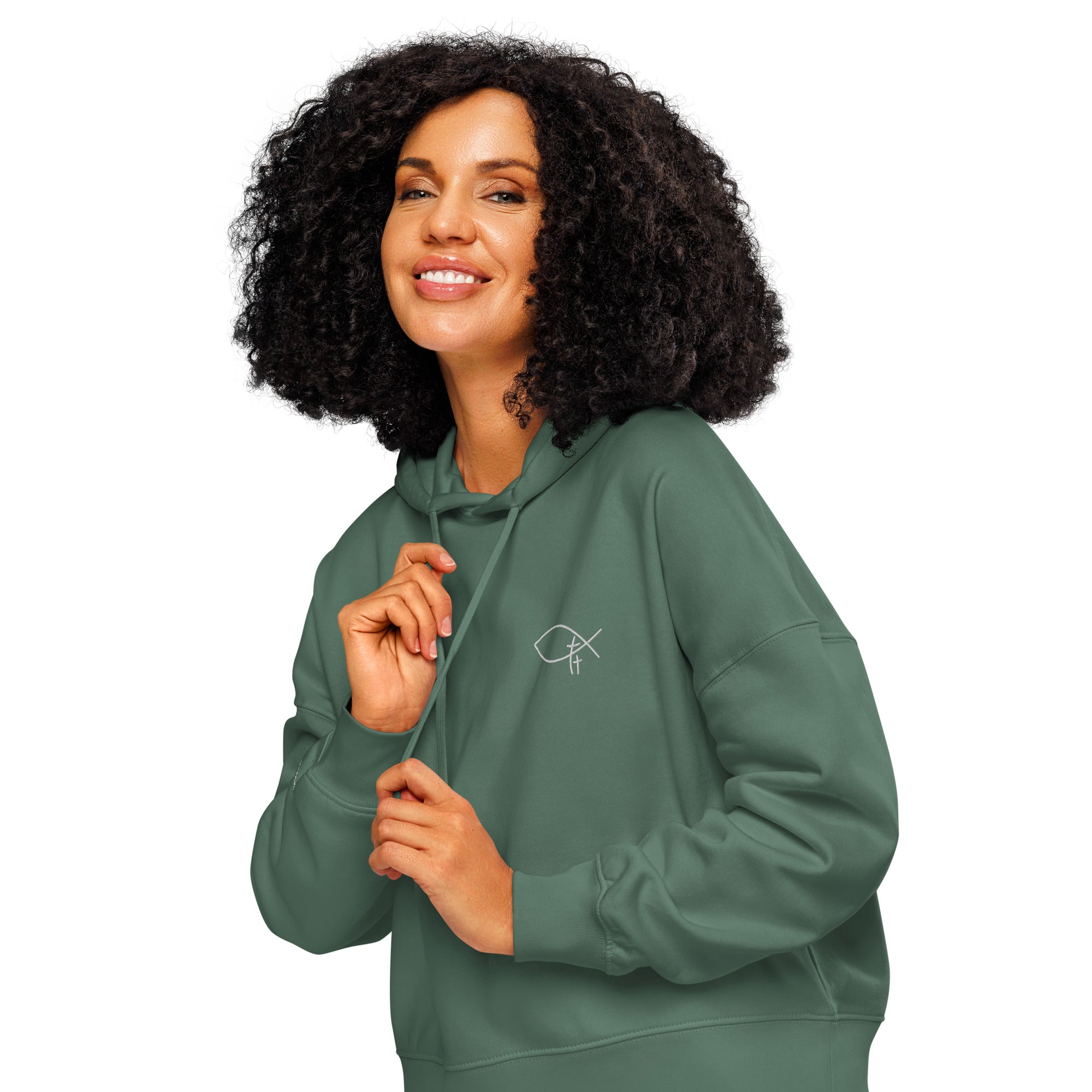 Sanfter christlicher Damen Hoodie mit gesticktem Symbol. Minimalistischer Faith Hoodie ohne Fronttasche – weich, feminin - deine Identität in Christus.