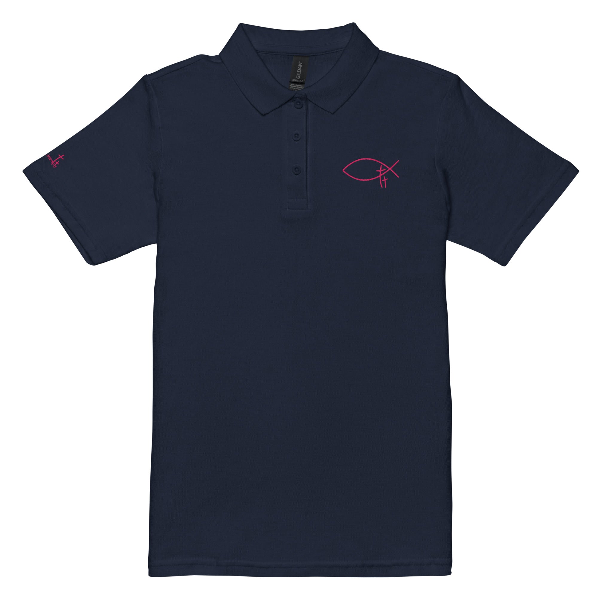 Christliches Damen Poloshirt aus hochwertiger Baumwolle mit gesticktem Symbol. Minimalistisches Faith Polo – elegant, zeitlos , deine Identität in Christus.