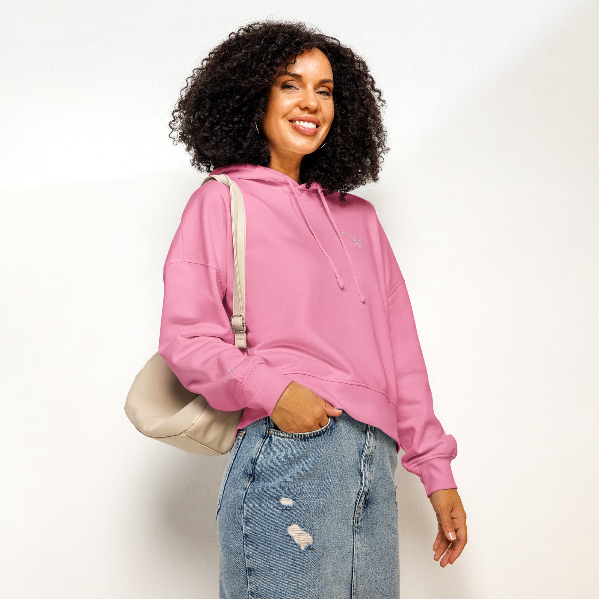 Sanfter christlicher Damen Hoodie mit gesticktem Symbol. Minimalistischer Faith Hoodie ohne Fronttasche – weich, feminin - deine Identität in Christus.