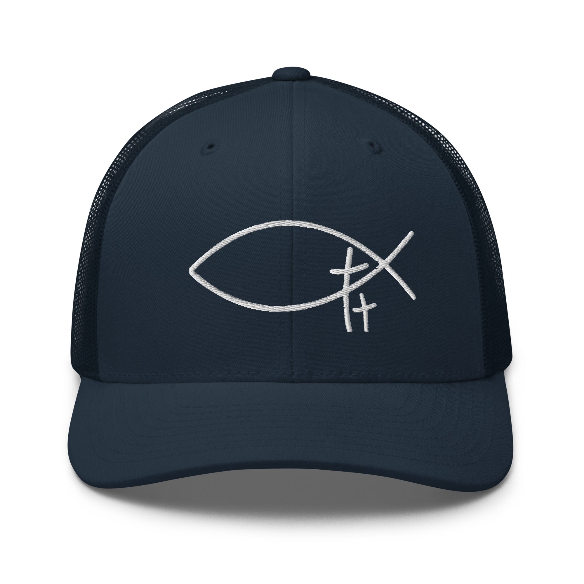 Minimalistische Trucker Cap mit hochwertiger 3D Logo Stickerei. Zeitlose Faith-Streetwear in Navy, Schwarz, Creme und Weiß. Bequem, atmungsaktiv und unisex. Christian Streetwear