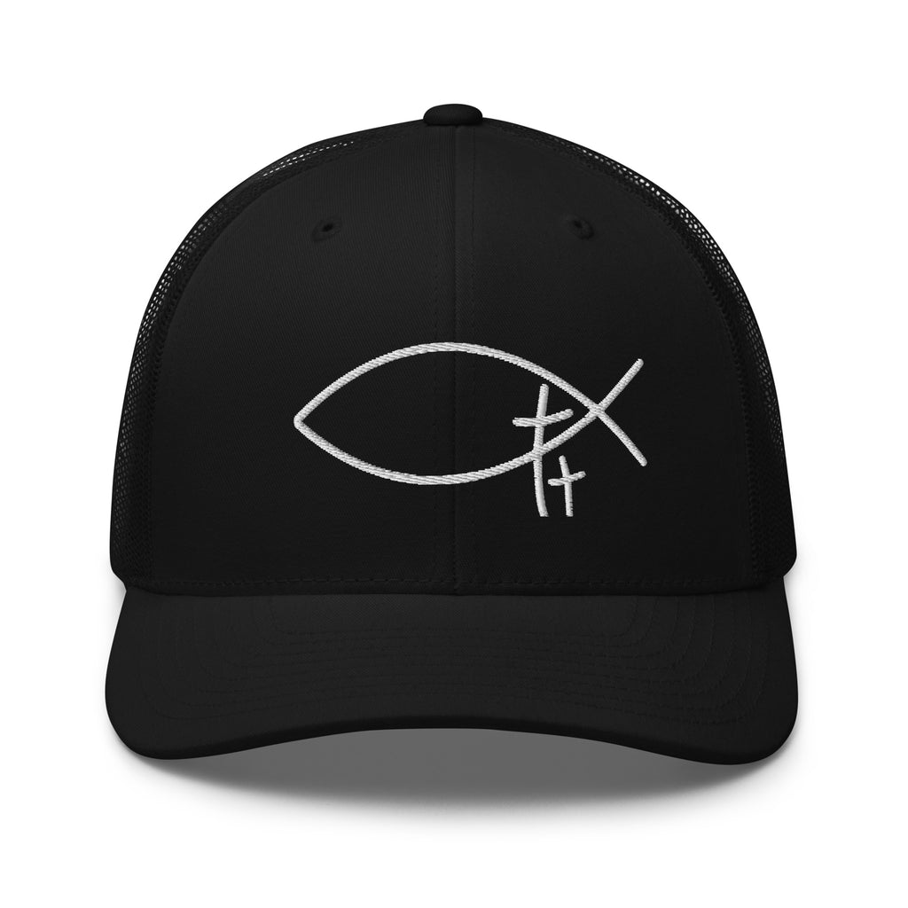 Minimalistische Trucker Cap mit hochwertiger 3D Logo Stickerei. Zeitlose Faith-Streetwear in Navy, Schwarz, Creme und Weiß. Bequem, atmungsaktiv und unisex.