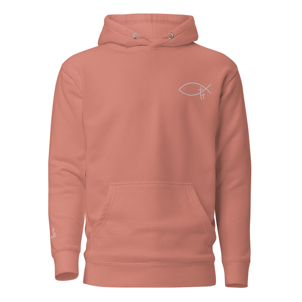 Christlicher Damen Hoodie mit minimalistischem Stick Logo. Weicher Faith Hoodie aus Baumwolle mit Kapuze und Tasche – deine  Identität in Christus.