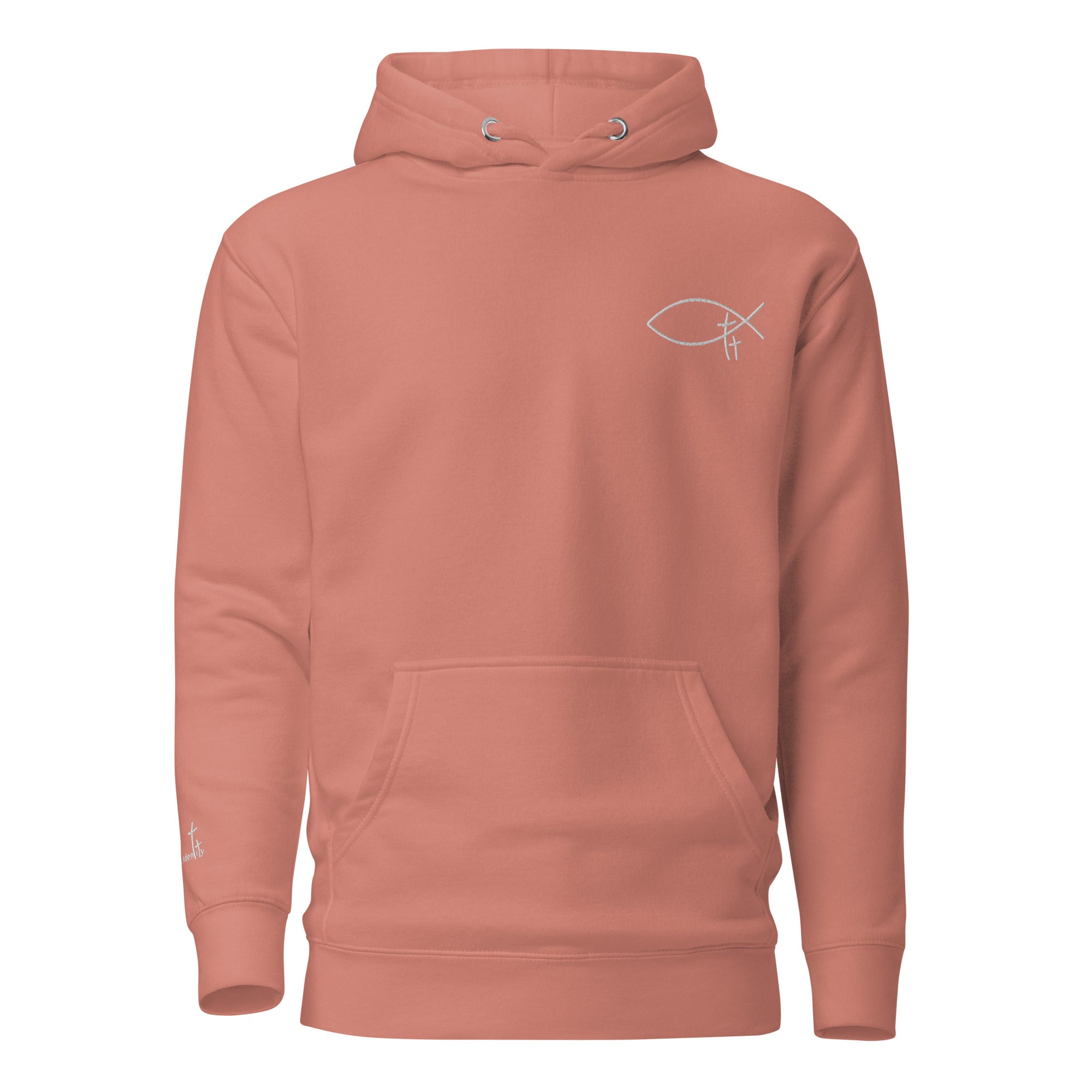 Christlicher Damen Hoodie mit minimalistischem Stick Logo. Weicher Faith Hoodie aus Baumwolle mit Kapuze und Tasche – deine  Identität in Christus.